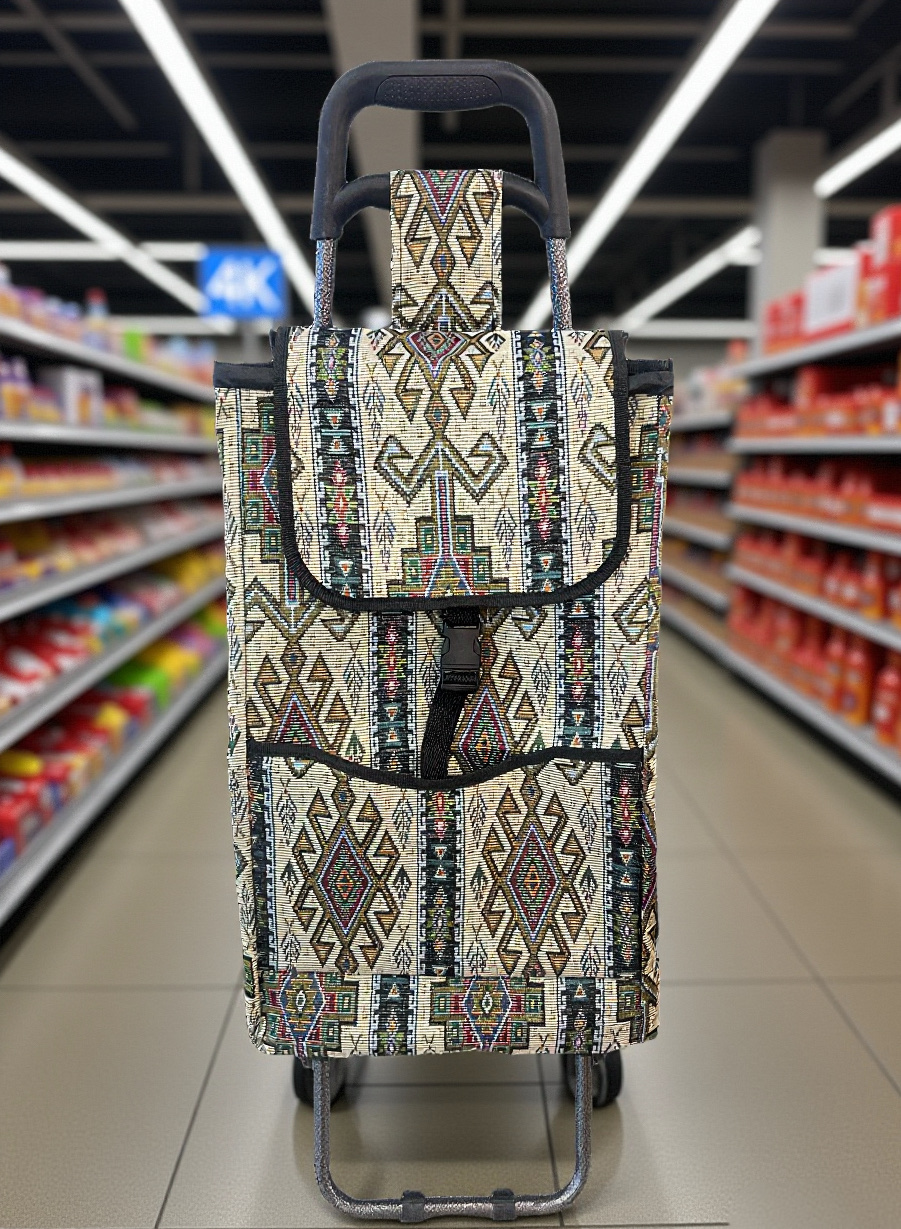 Foldable Shopping Cart, Flower Cloth Hand-Pulled Cart, Iron Wheel Small Cart, Portable, Lightweight, Multi-Functional Iron Wheel Shopping Trolley, Foldable Iron Wheel Hand-Pulled Cart