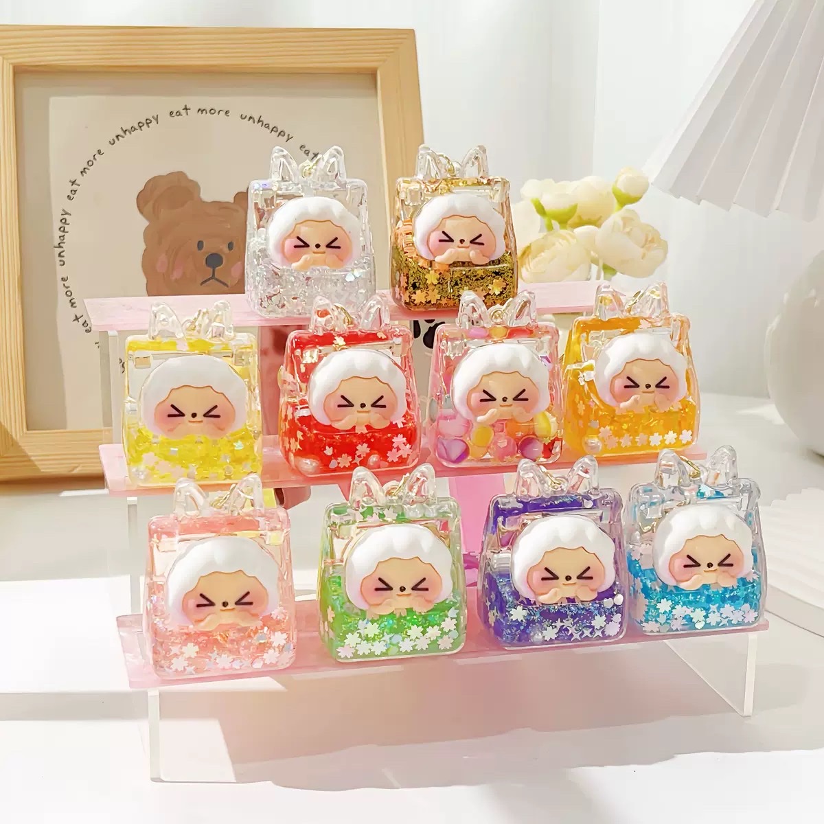 爆闪kk入油摆件 抖音同款液体流沙瓶桌面摆件多款式diy钥匙扣配饰 细节图