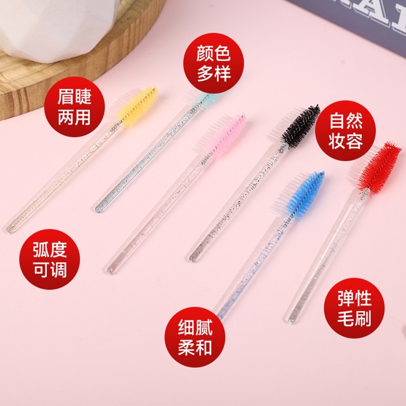 Crystal mascara brushes are in stock and available for wholesale. They are solid and can be used for both eyebrows and eyelashes, as well as colored makeup tools like mascara combs Specification image