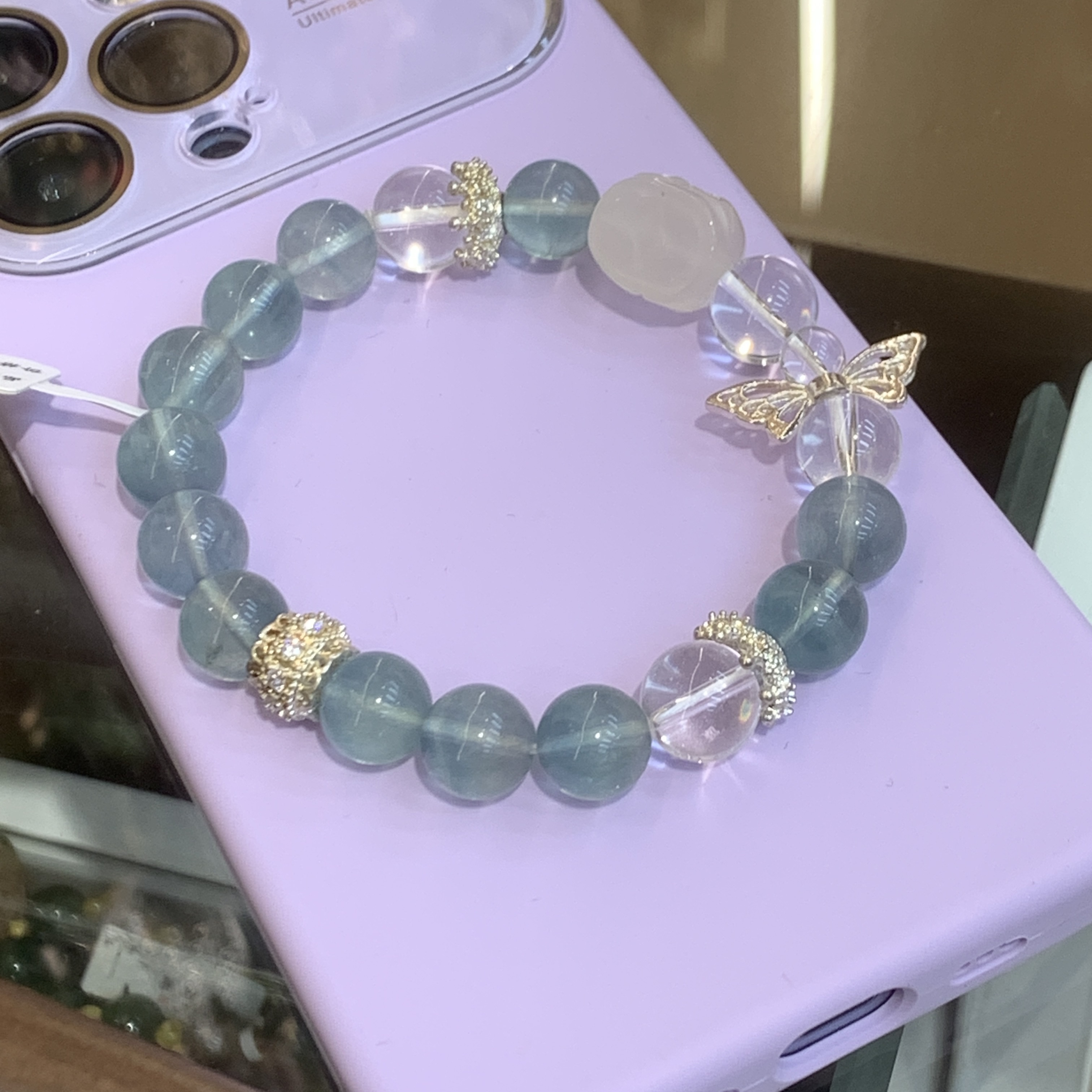 唐宫主精品原创设计湖蓝色水晶铜配件蝴蝶🦋饰品手串文玩手串细节图