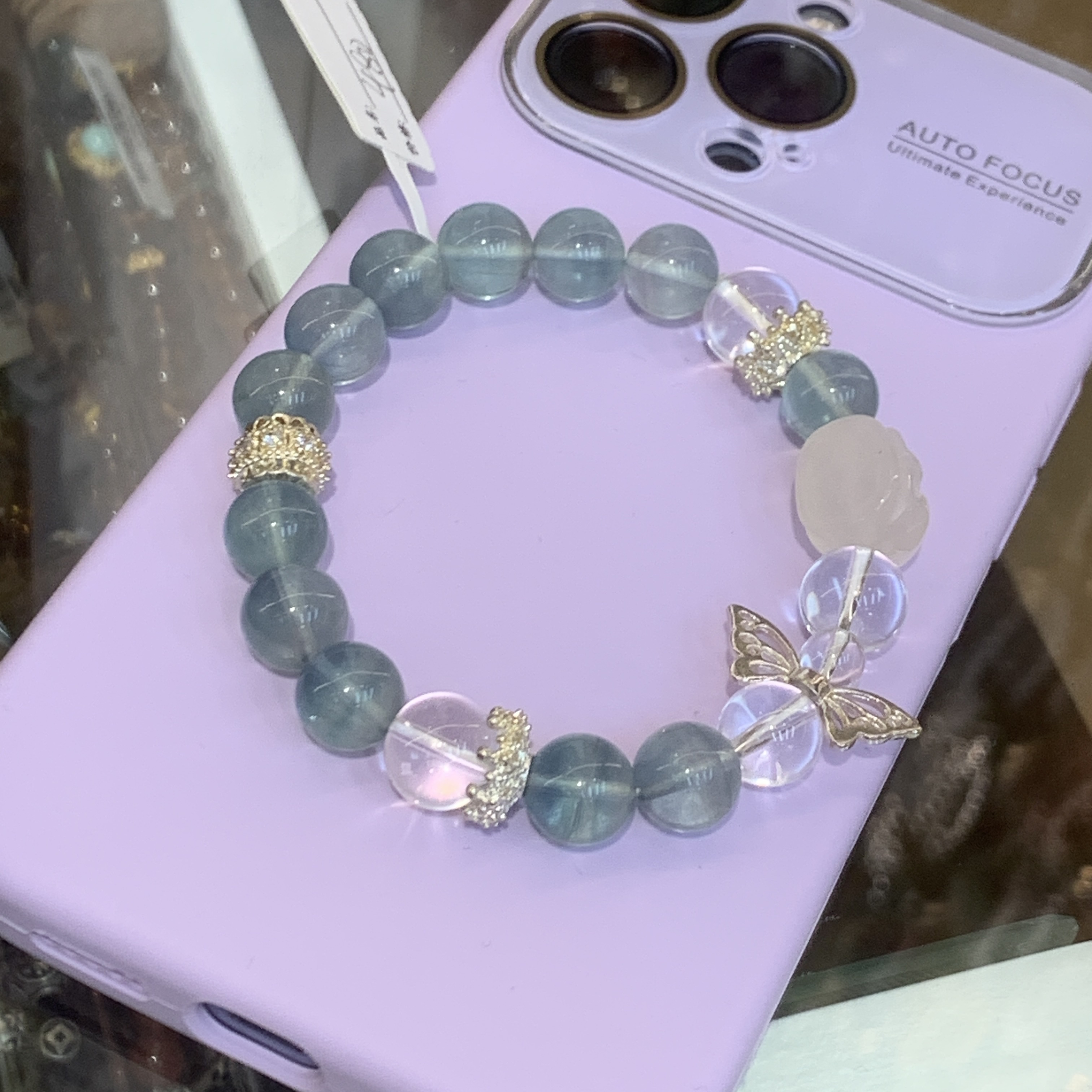 唐宫主精品原创设计湖蓝色水晶铜配件蝴蝶🦋饰品手串文玩手串产品图