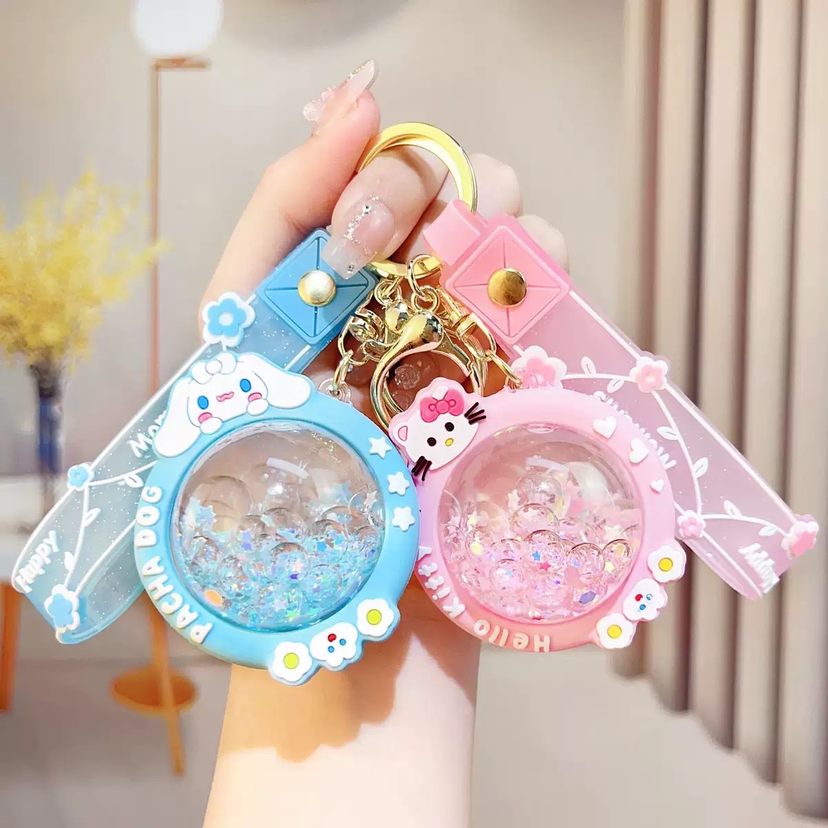 Crystal Sanrio flower sand keychain, cute Kuromi pendant, exquisite women's schoolbag, cinnamon dog gift blind box details Picture