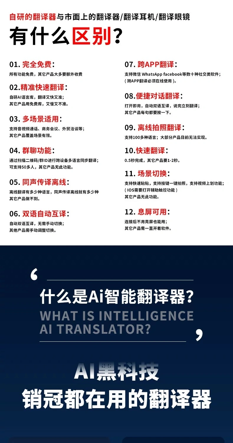 The AI Translator, an intelligent mobile phone upgrade, is a portable multilingual translator that supports real-time voice translation and is a portable translation device detail image 3