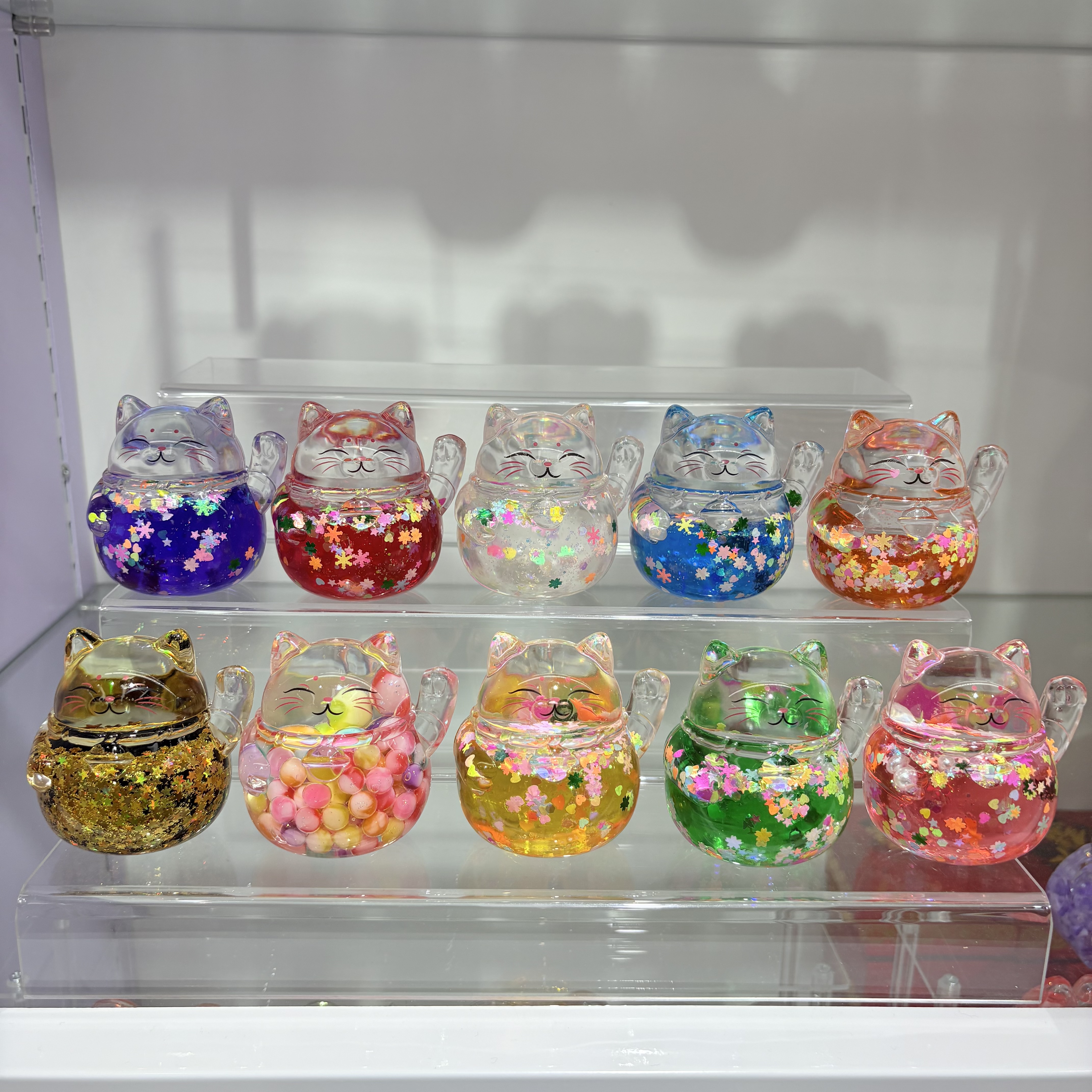 爆款亚克力入油大招财猫摆件盲盒对对碰流沙瓶摆件开业吉祥桌面小摆件可爱卡通玩具批发