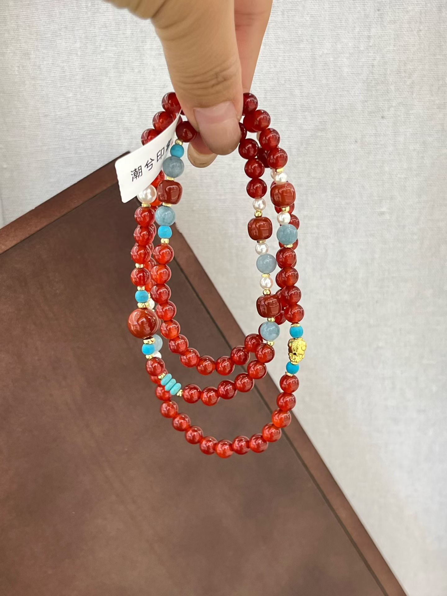 Red agate bracelet, multi-loop bracelet, 6mm beaded