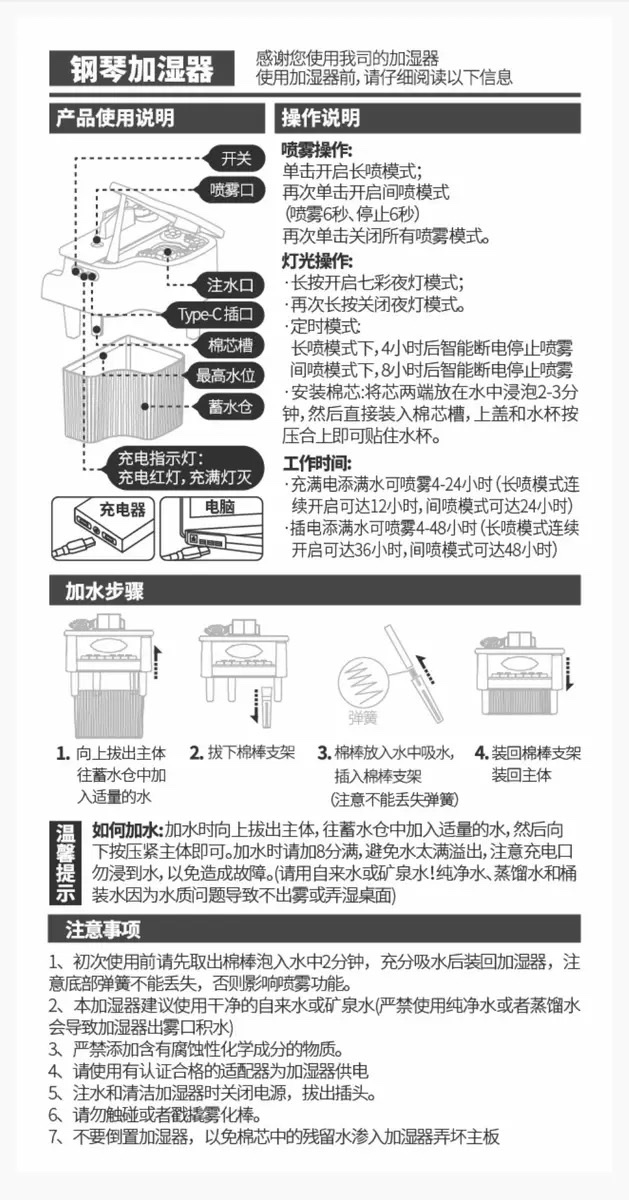 New air humidifier, seven-color ambient light, portable USB charging, car desktop, office and study, spray water replenishment, piano model detail image 17