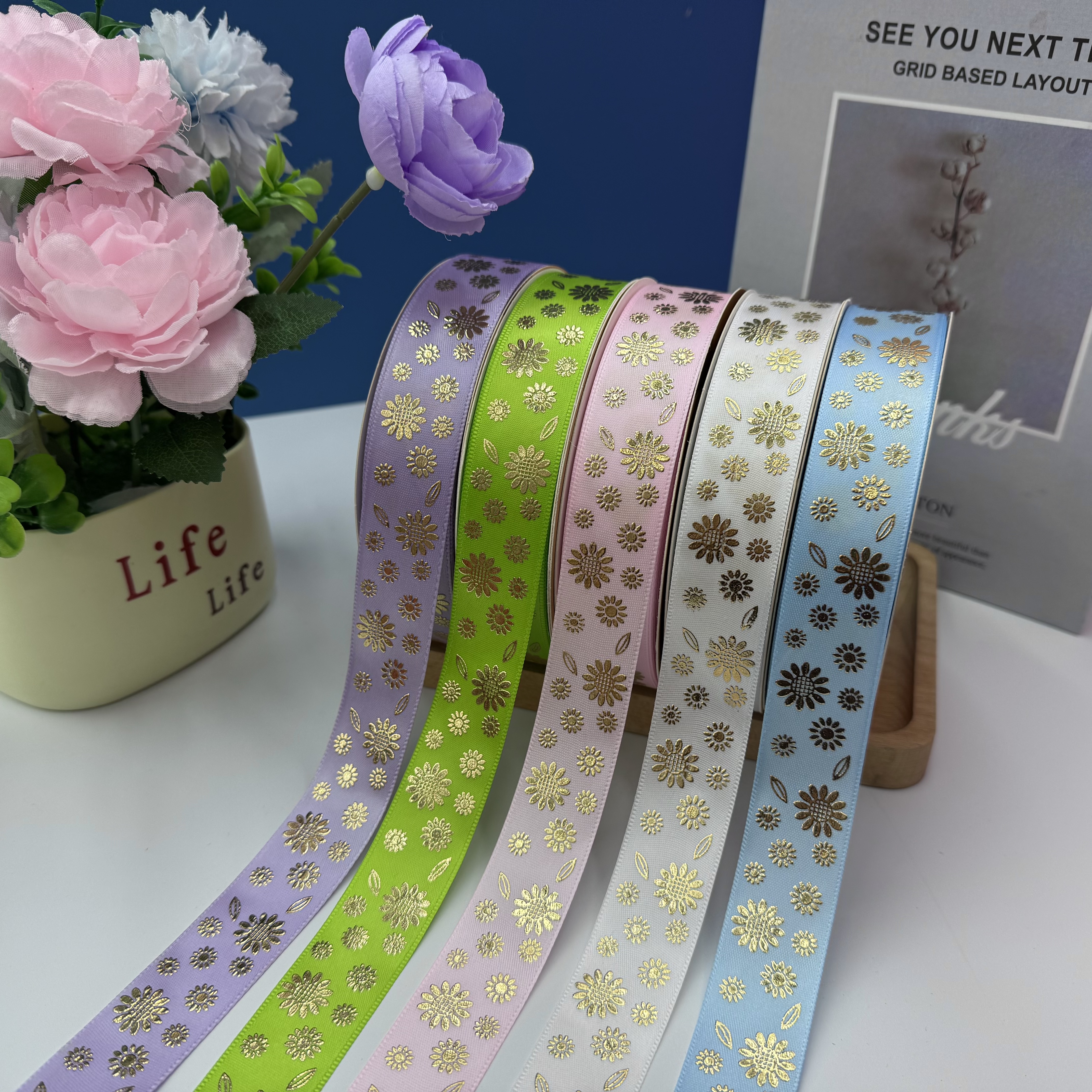 2.5cm wide best-selling heat-set three-dimensional gilded ribbon, diy bow webbing, bar tray ribbon material, chrysanthemum ribbon