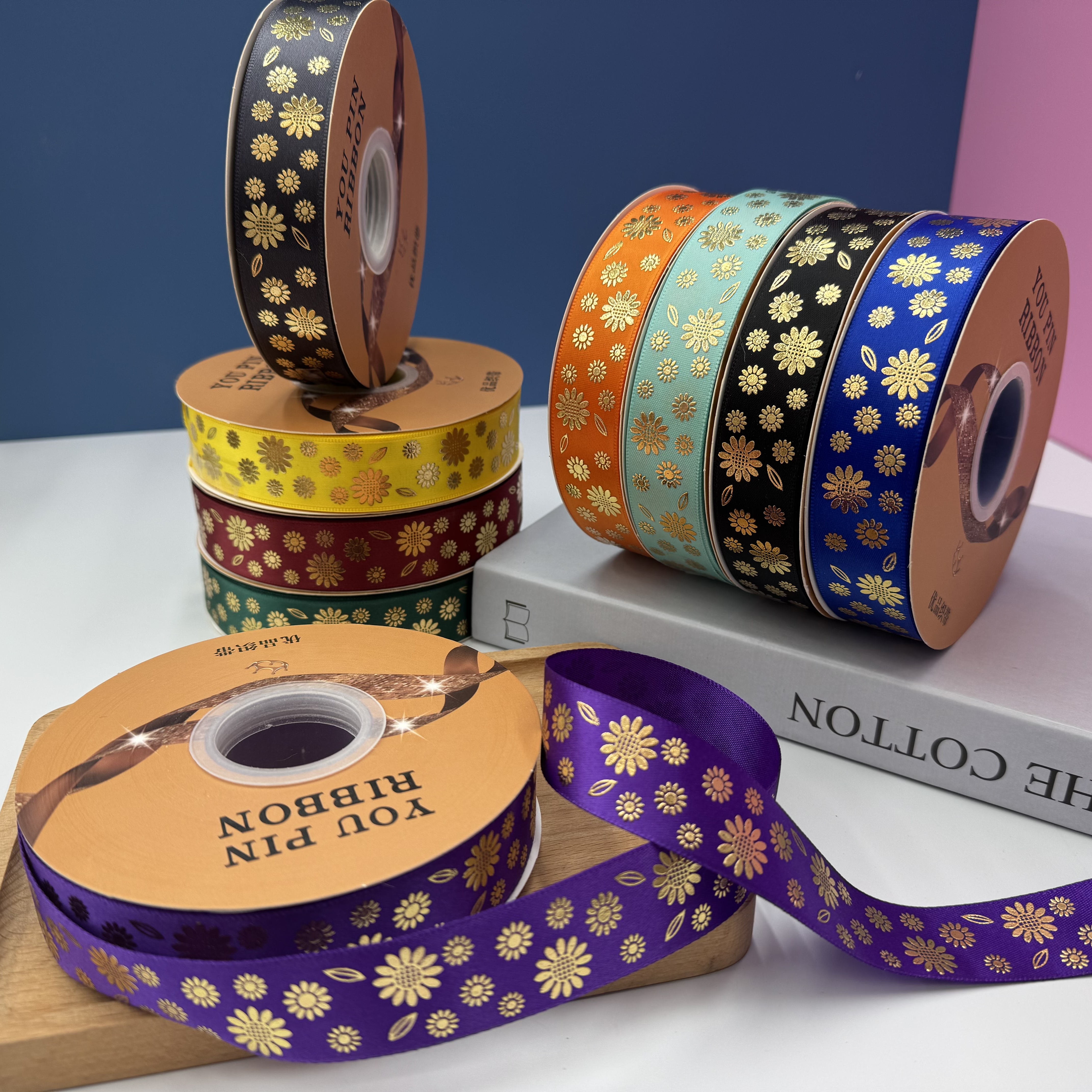 2.5cm wide best-selling heat-set three-dimensional gilded ribbon, diy bow webbing, bar tray ribbon material, chrysanthemum ribbon detail image 4