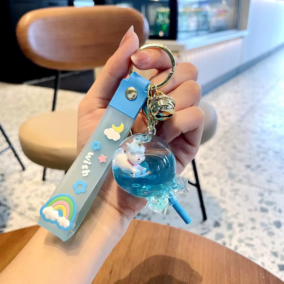 Lollipop float unicorn flow bottle keychain pendant, children's schoolbag pendant, oil-filled flowing sand, car keychain blind box detail image 5