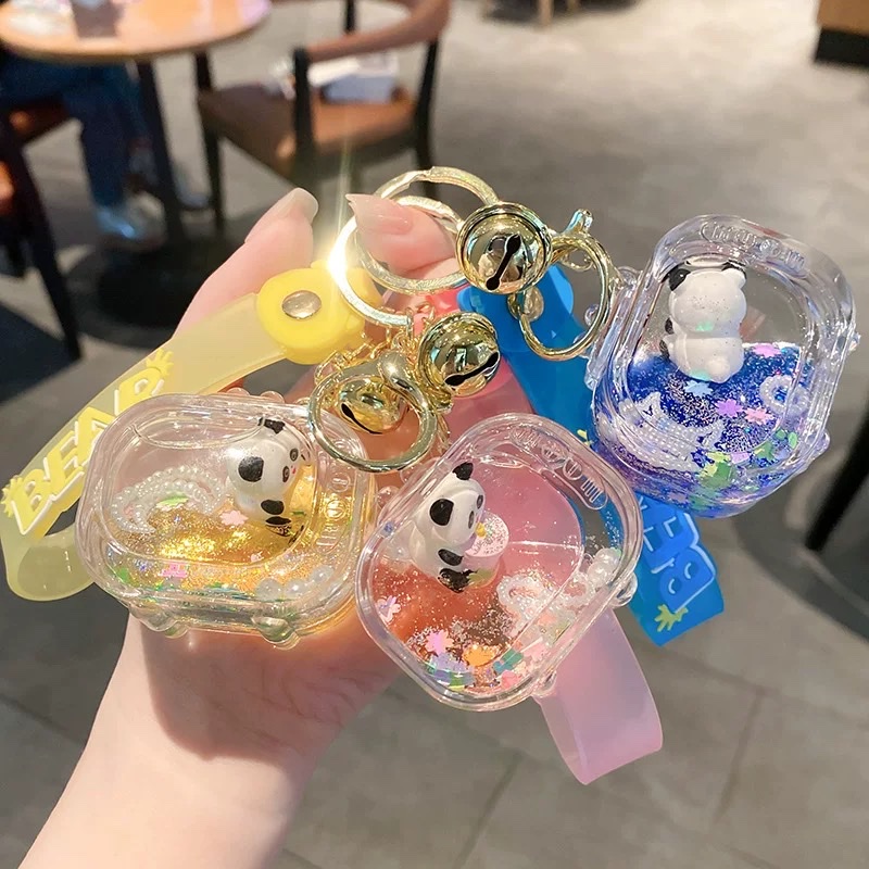 亚克力入油国潮电视机熊猫流沙瓶钥匙扣可爱饰品熊猫漂浮公仔挂件盲盒