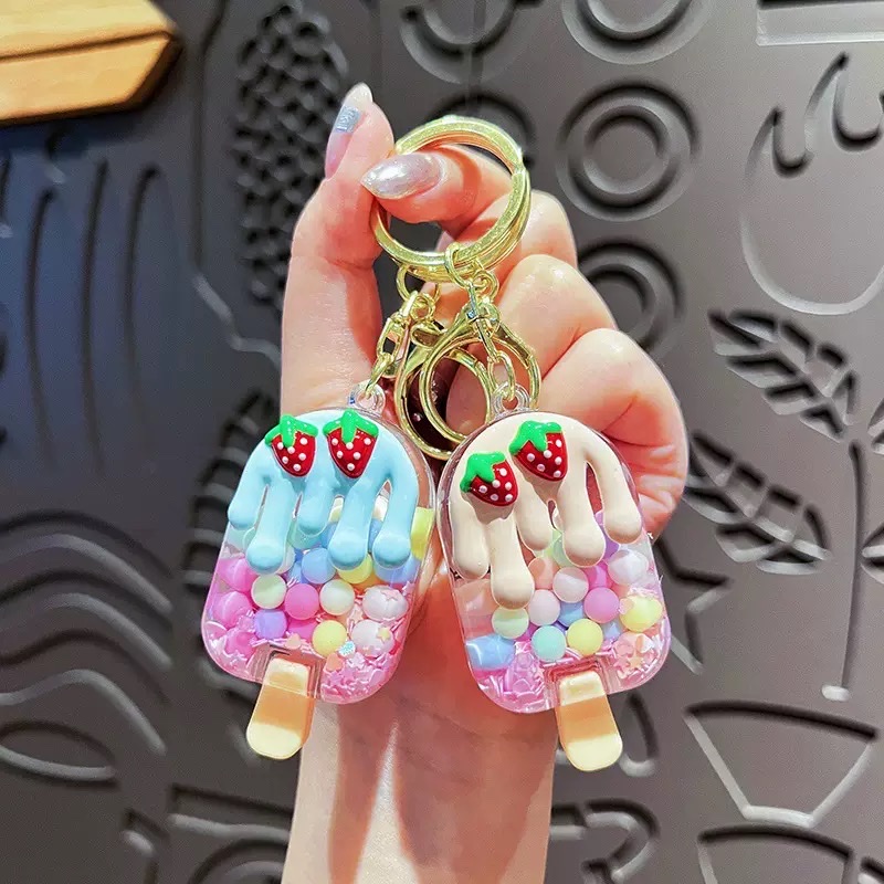 Creative oil-infused strawberry bubble ice cream, sand bottle keychain, cute cartoon macaron-colored girls' bag pendant