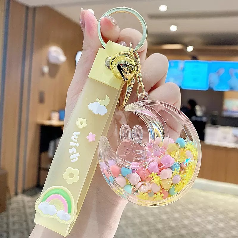 网红入油彩色泡泡珠星月兔钥匙扣少女心流沙瓶挂件情侣背包挂饰男盲盒白底实物图