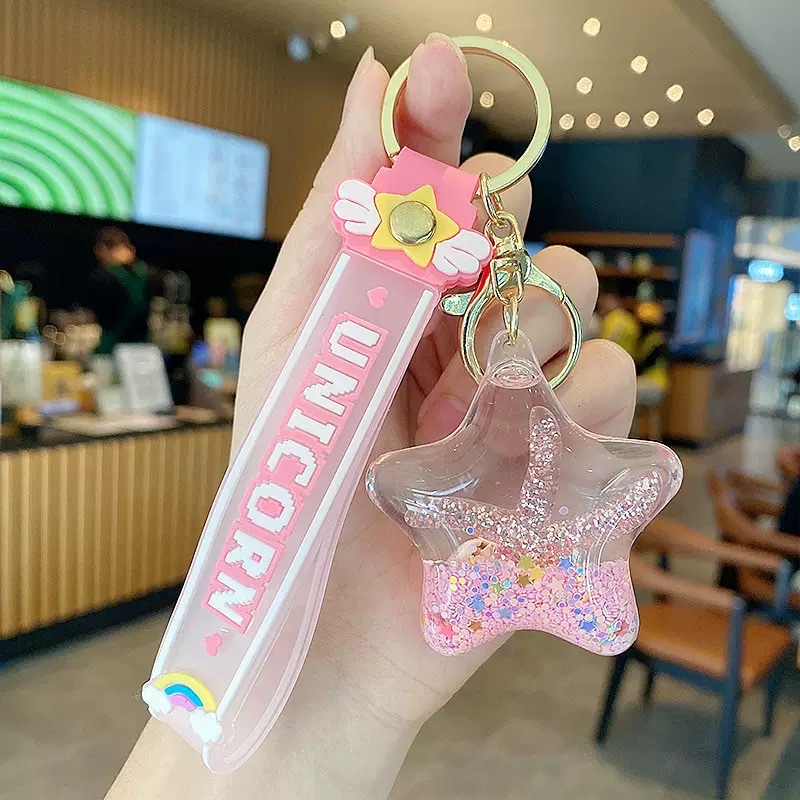 Starfish oil flowing sand bottle keychain, exquisite pendant for women, children and students, schoolbag hanging decoration, cute floating key chain, star blind box Item Picture