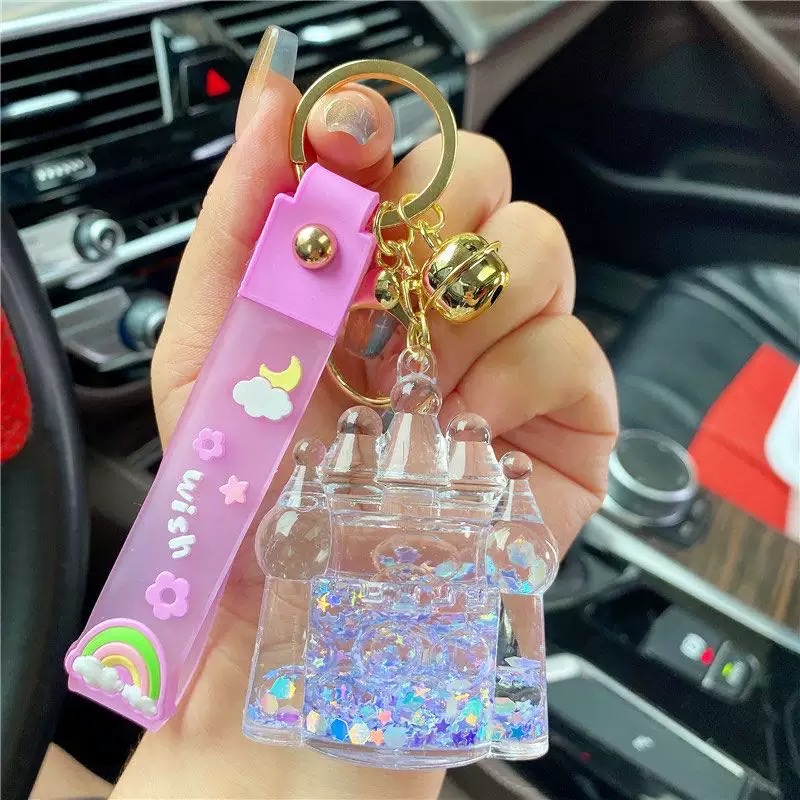 入油流沙城堡流沙瓶亚克力钥匙扣包包挂件汽车钥匙链挂饰礼品批发盲盒白底实物图