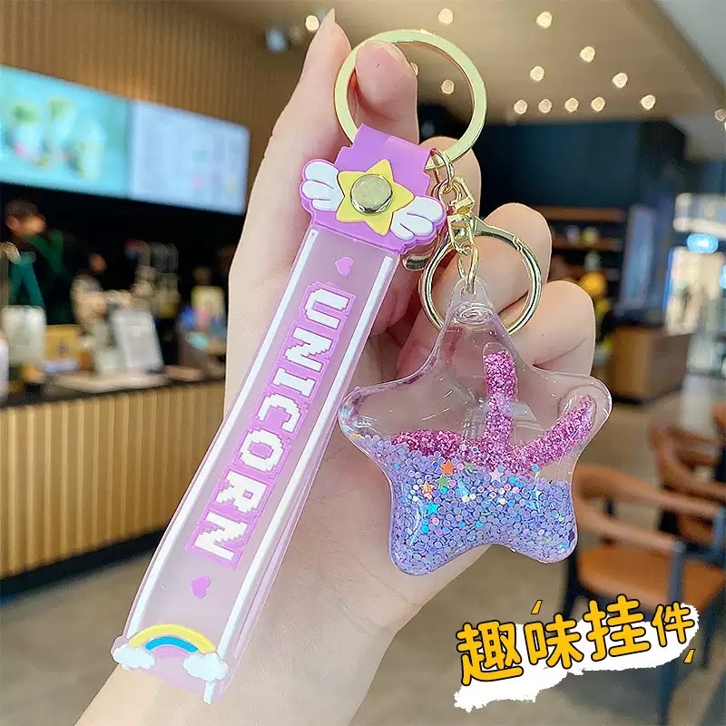 Starfish oil flowing sand bottle keychain, exquisite pendant for women, children and students, schoolbag hanging decoration, cute floating key chain, star blind box details Picture