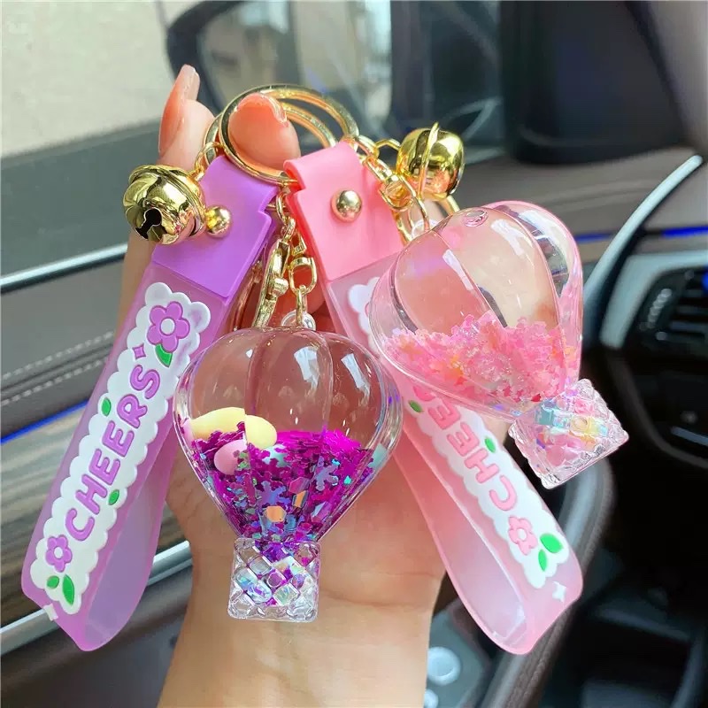 创意入油少女心雪花糖豆流沙瓶钥匙扣液体漂流热气球钥匙链小挂件盲盒