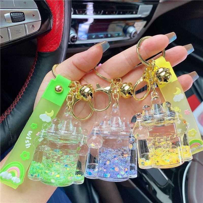 入油流沙城堡流沙瓶亚克力钥匙扣包包挂件汽车钥匙链挂饰礼品批发盲盒