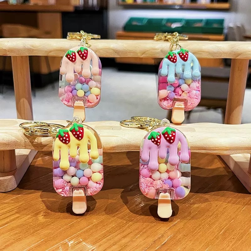 Creative oil-infused strawberry bubble ice cream, sand bottle keychain, cute cartoon macaron-colored girls' bag pendant detail image 2