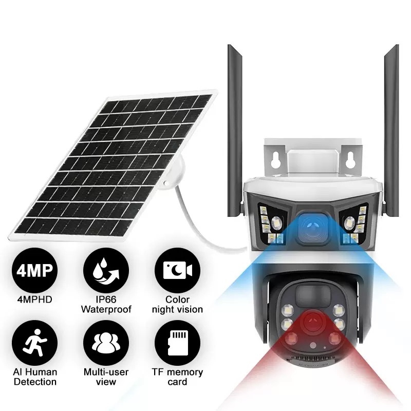 V380 Solar-powered 4G panoramic monitor, wireless mobile phone remote indoor and outdoor dual-lens zoom gun ball camera details Picture