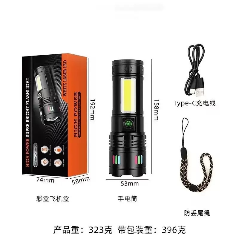 白激光伸缩变焦手电筒工作灯LED充电COB警示灯荧光发亮持久续航筒细节图