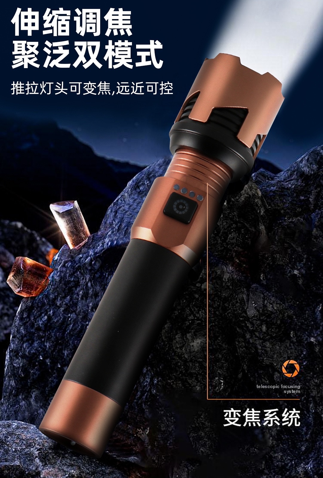 跨境强光铝合金Type-c充电超亮户外远射长续航多功能手电筒详情图1