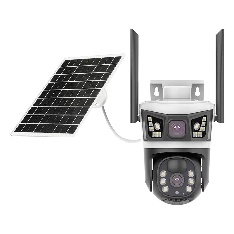 V380 Solar-powered 4G panoramic monitor, wireless mobile phone remote indoor and outdoor dual-lens zoom gun ball camera