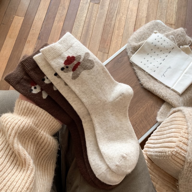 Wool socks, mid-calf socks for autumn and winter, Japanese-style warm thick socks, cute cartoon scarves, boneless dog, coffee-colored women's socks detail image 8