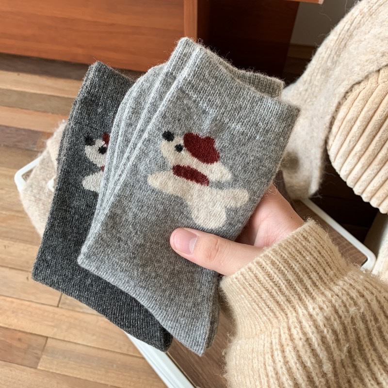 Wool socks, mid-calf socks for autumn and winter, Japanese-style warm thick socks, cute cartoon scarves, boneless dog, coffee-colored women's socks detail image 3