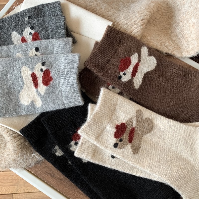 Wool socks, mid-calf socks for autumn and winter, Japanese-style warm thick socks, cute cartoon scarves, boneless dog, coffee-colored women's socks detail image 6