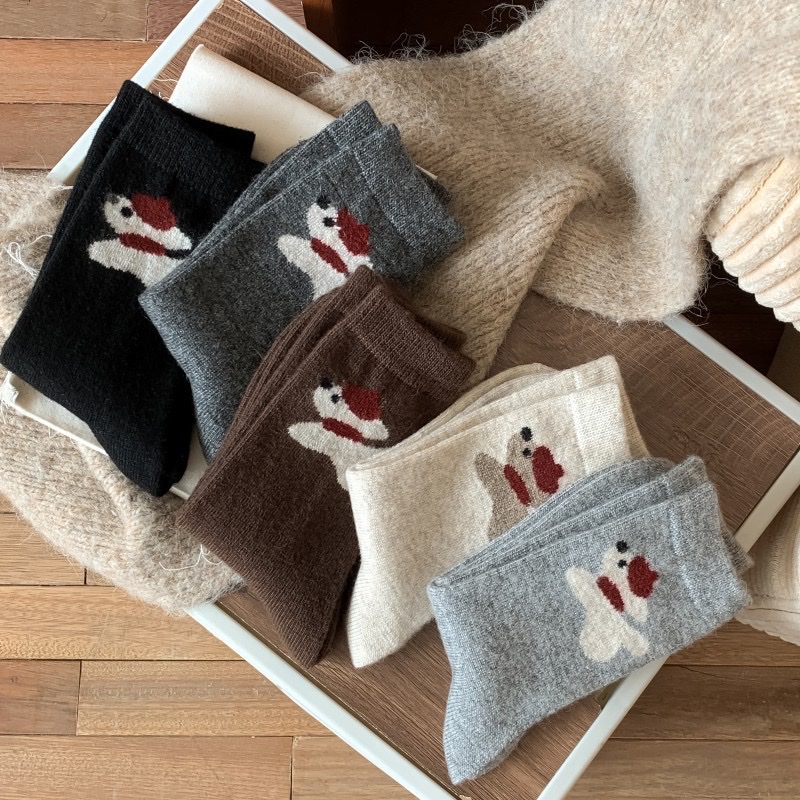 Wool socks, mid-calf socks for autumn and winter, Japanese-style warm thick socks, cute cartoon scarves, boneless dog, coffee-colored women's socks detail image 2