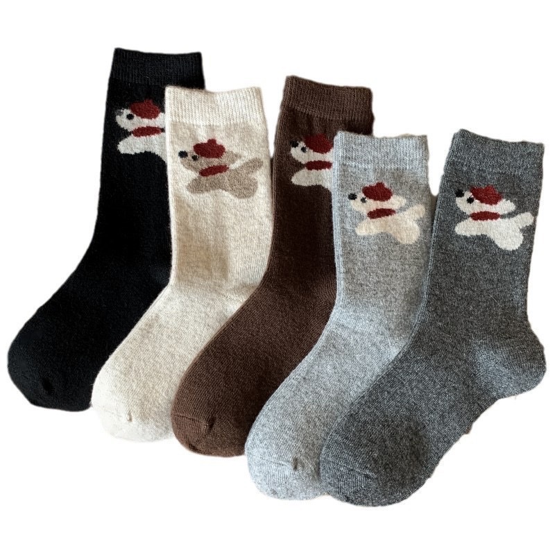 Wool socks, mid-calf socks for autumn and winter, Japanese-style warm thick socks, cute cartoon scarves, boneless dog, coffee-colored women's socks