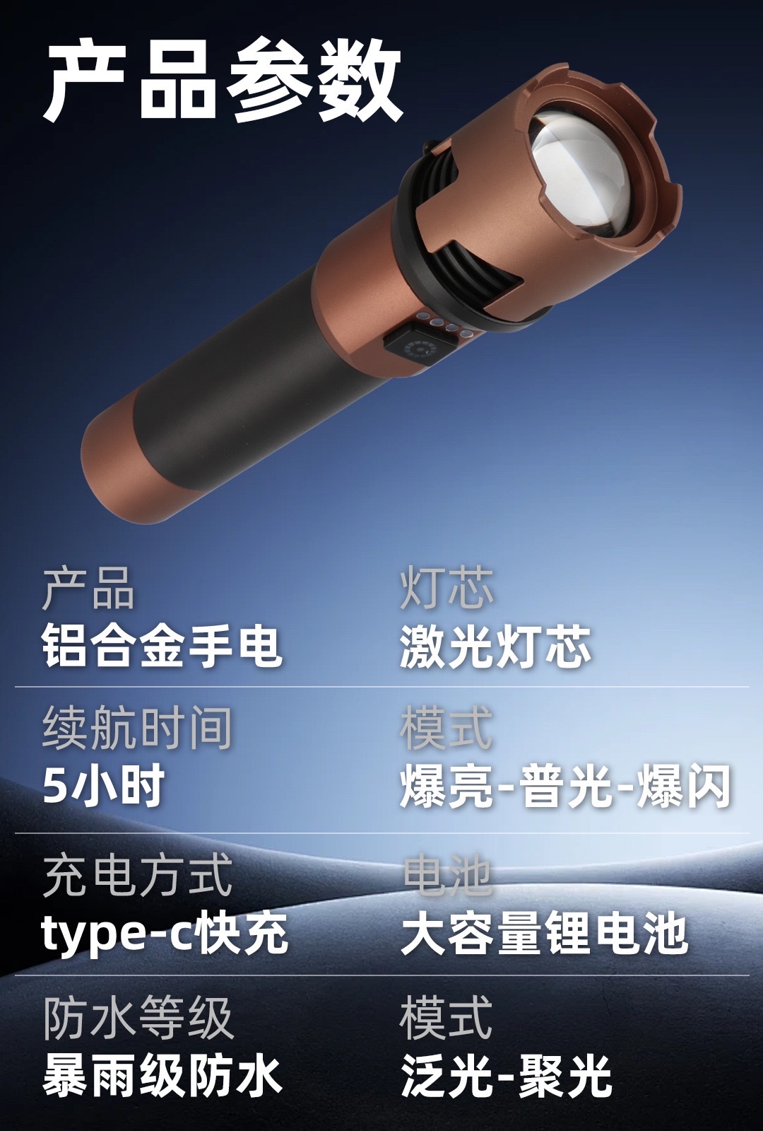 跨境强光铝合金Type-c充电超亮户外远射长续航多功能手电筒详情图8