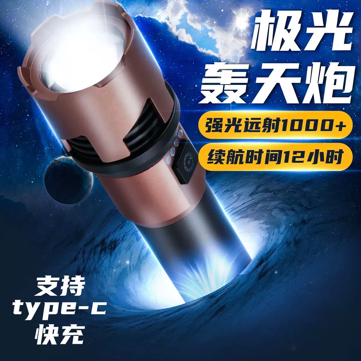 跨境强光铝合金Type-c充电超亮户外远射长续航多功能手电筒细节图