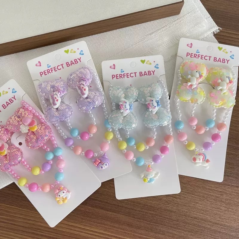 Cross-border children's beaded necklace, bracelet set, cartoon sequin bow tie, hairpin, girls' colorful sweet accessories details Picture