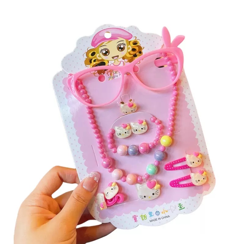 Cross-border best-selling cartoon children's beaded jewelry set, girls' pearl versatile necklace, ring, hair clip and hair rope accessories Specification image