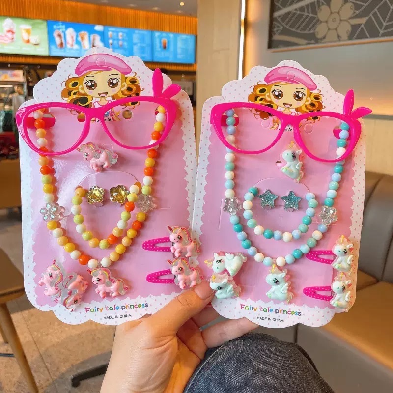 Cross-border best-selling cartoon children's beaded jewelry set, girls' pearl versatile necklace, ring, hair clip and hair rope accessories details Picture