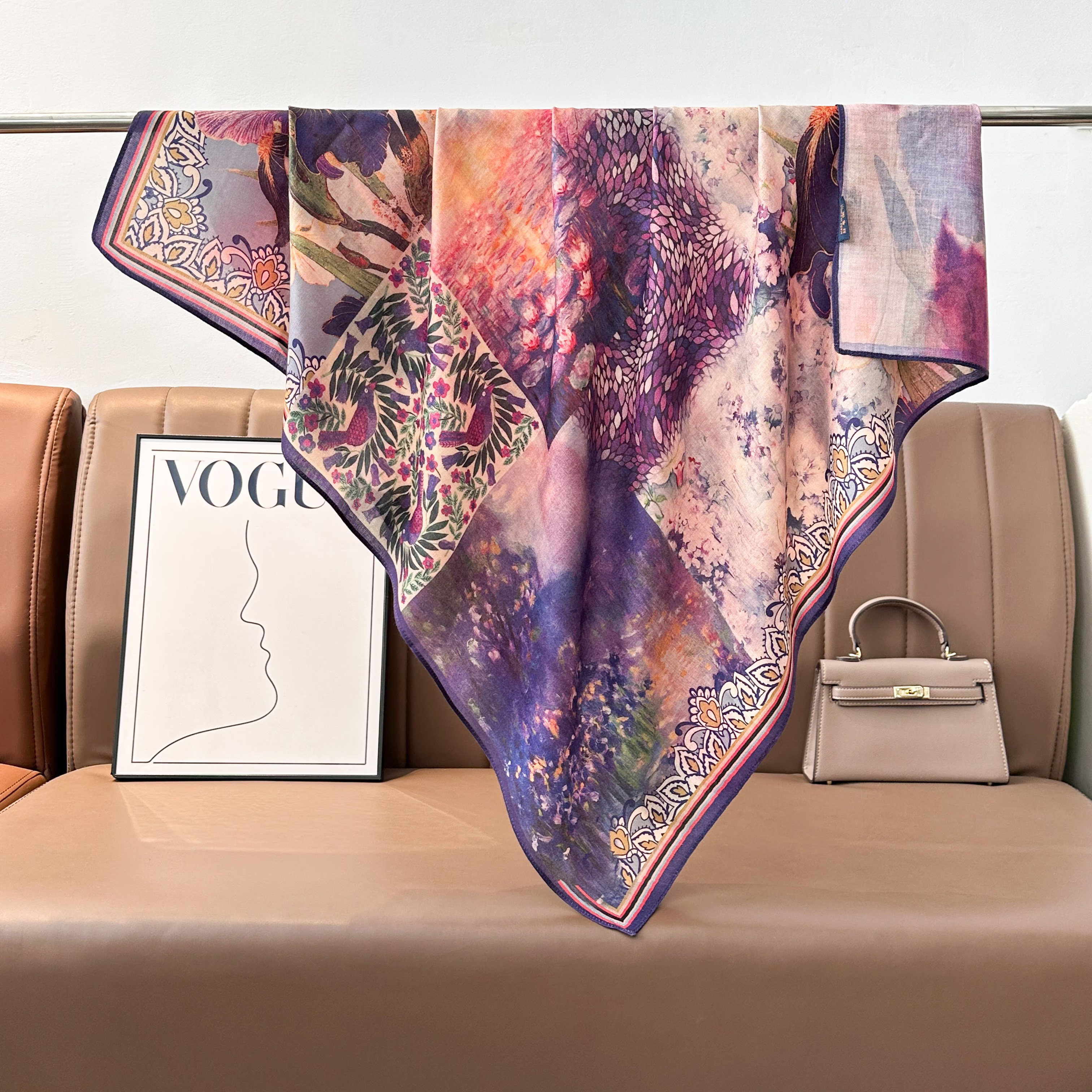 The new women's double-sided square scarf is a versatile and fashionable printed oil painting silk scarf, a fashionable shawl, and a high-end trendy accessory for spring, summer, autumn and winter Specification image