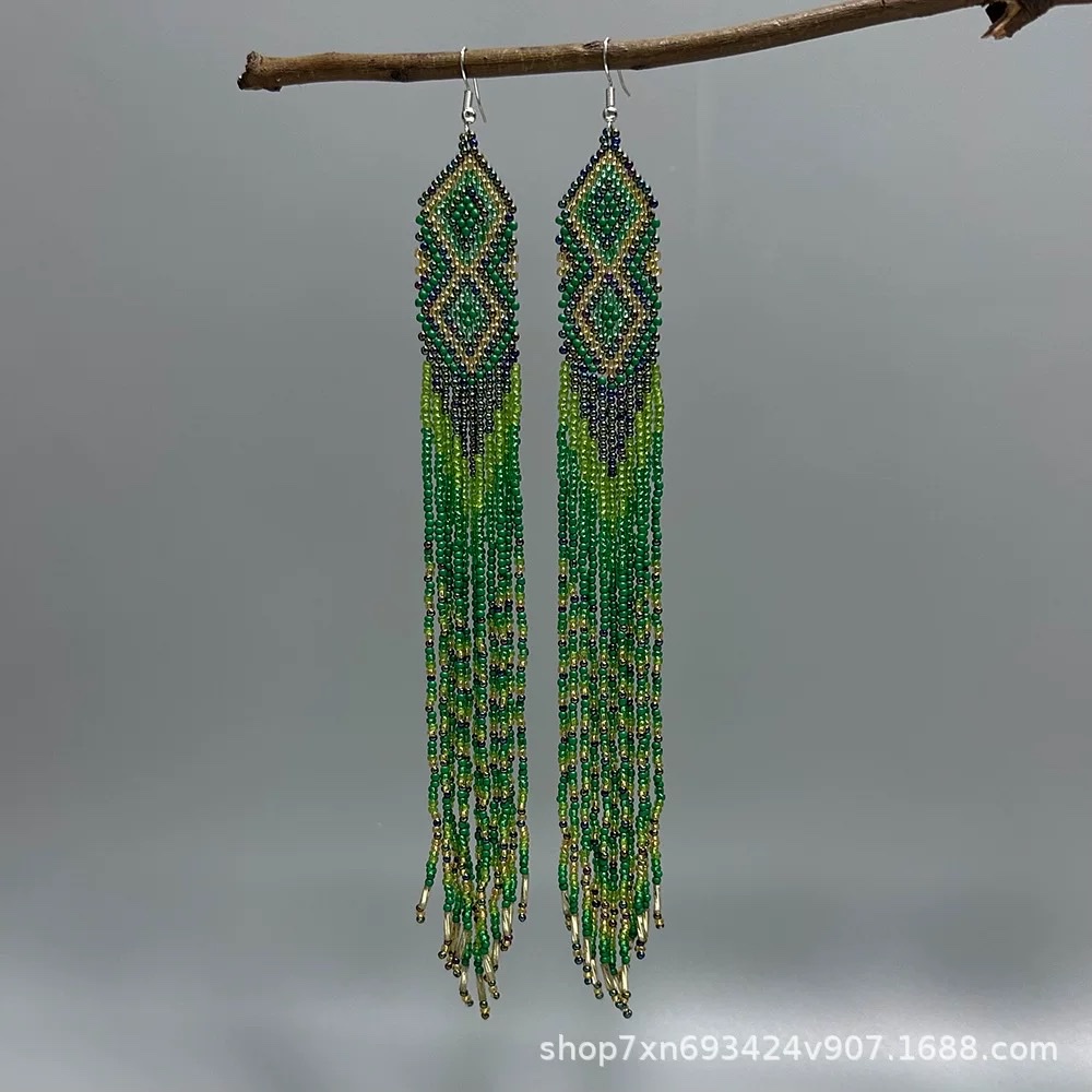 现货欧美个性波西米亚串珠耳环原创设计手工玻璃米珠长彩流苏耳饰 细节图