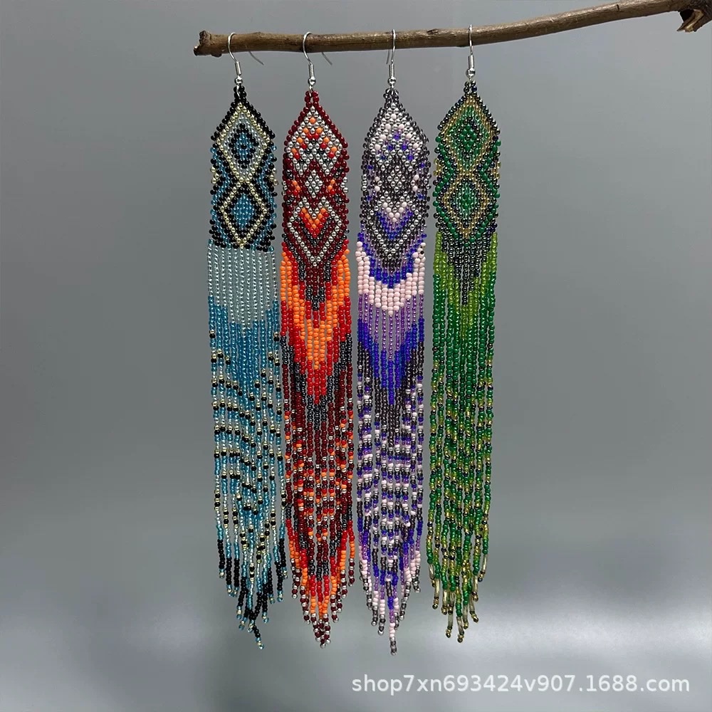现货欧美个性波西米亚串珠耳环原创设计手工玻璃米珠长彩流苏耳饰 产品图