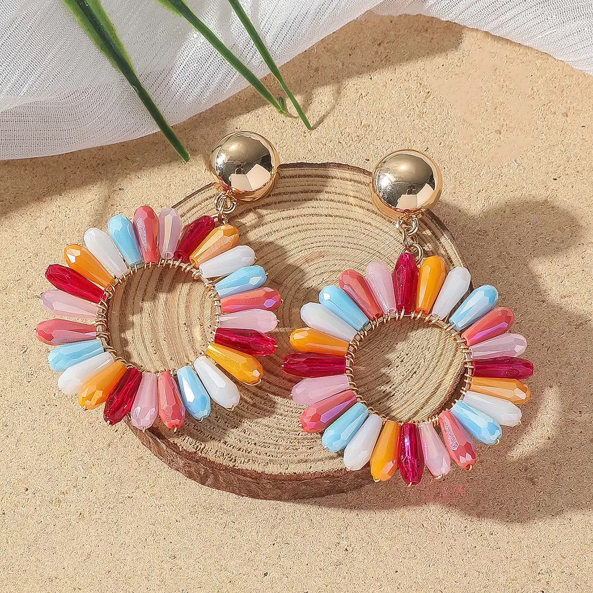 European and American cross-border earrings, colorful flower crystal woven earrings, niche high-end feel, light luxury and fashion Specification image