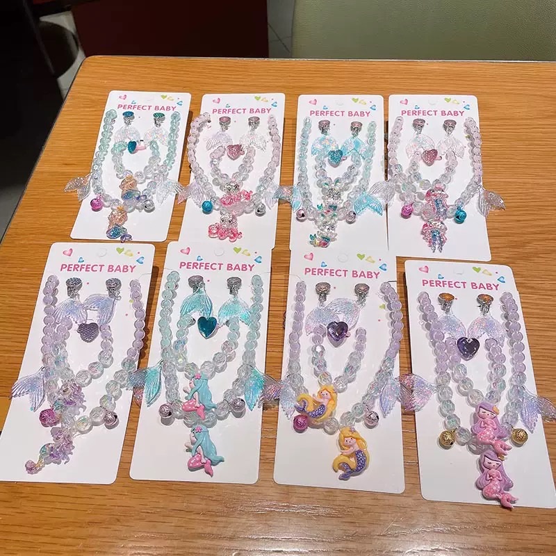 Mermaid Princess necklace, ring, ear clip bracelet set, cute for children and babies Specification image