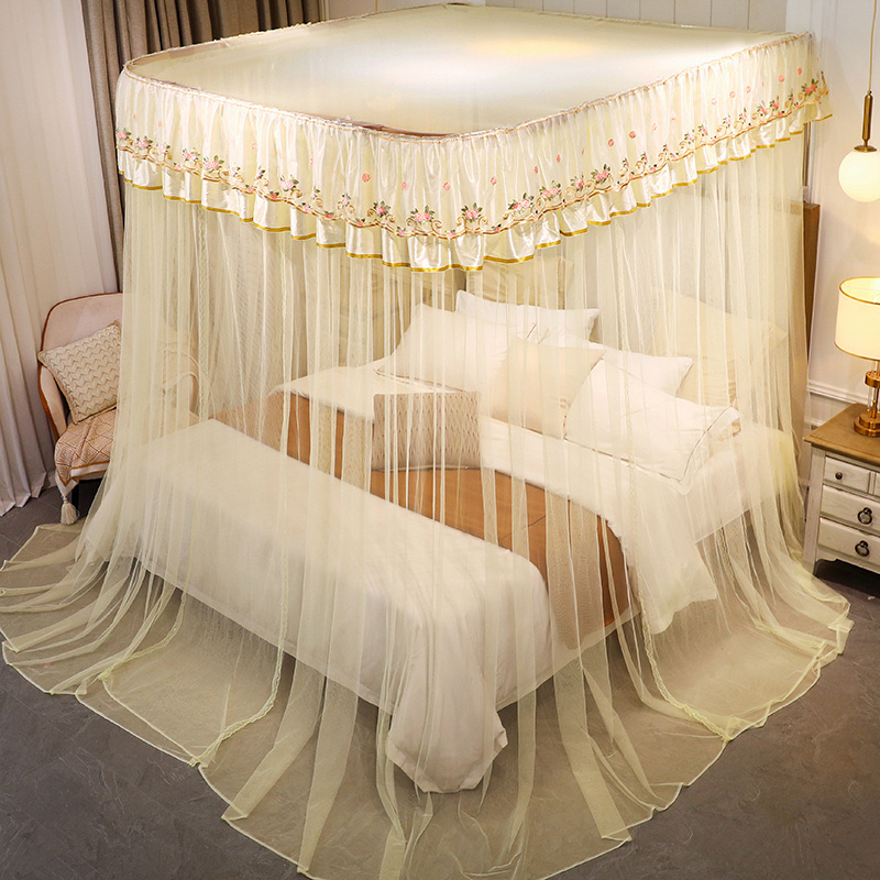 三开门导轨绣花蕾丝宫廷落地超柔防尘防蚊方形支架蚊帐详情5