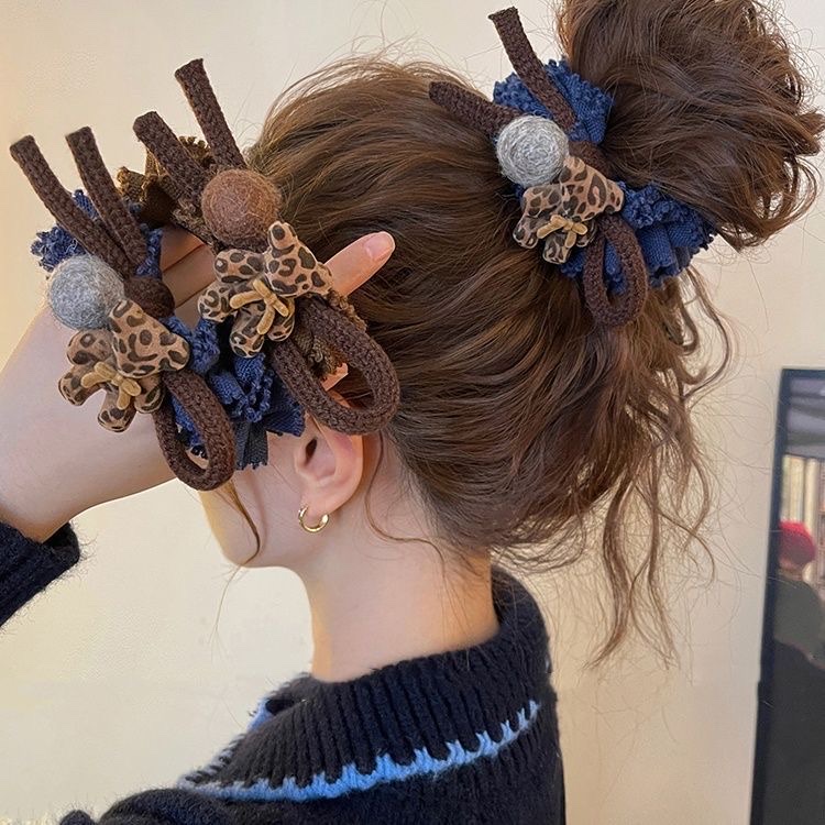 新款豹纹小熊毛球发圈女高级感低马尾皮筋头花盘发丸子头绳发绳女