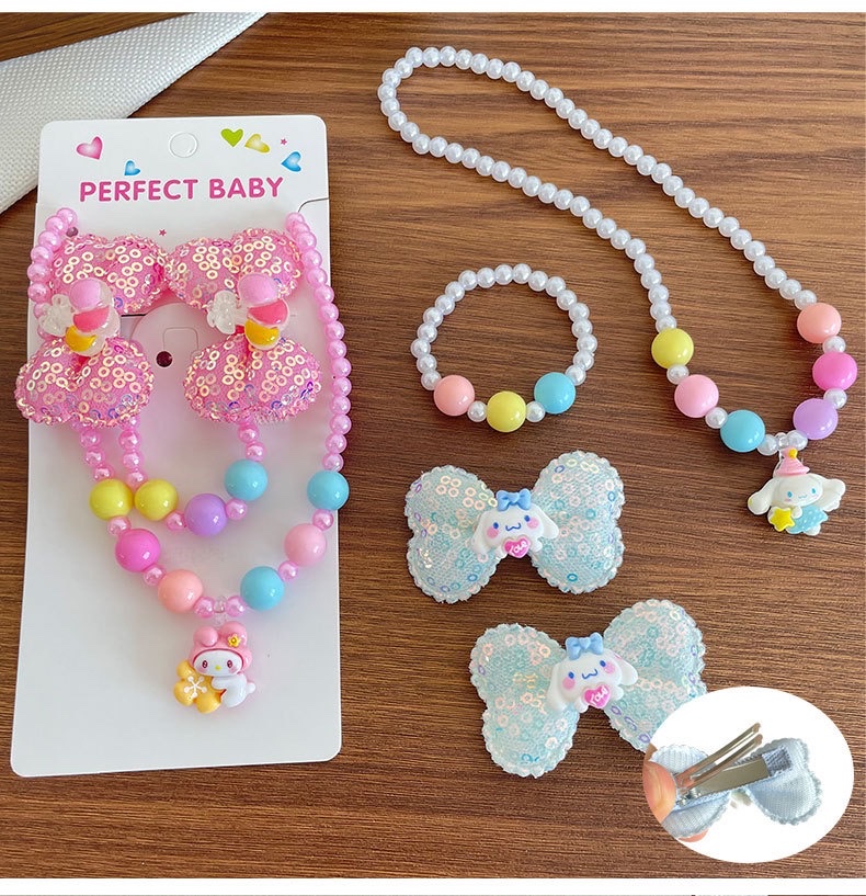 Cross-border children's beaded necklace, bracelet set, cartoon sequin bow tie, hairpin, girls' colorful sweet accessories detail image 2