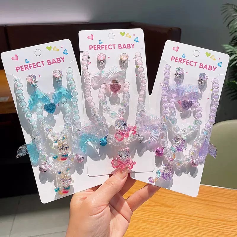 Mermaid Princess necklace, ring, ear clip bracelet set, cute for children and babies details Picture