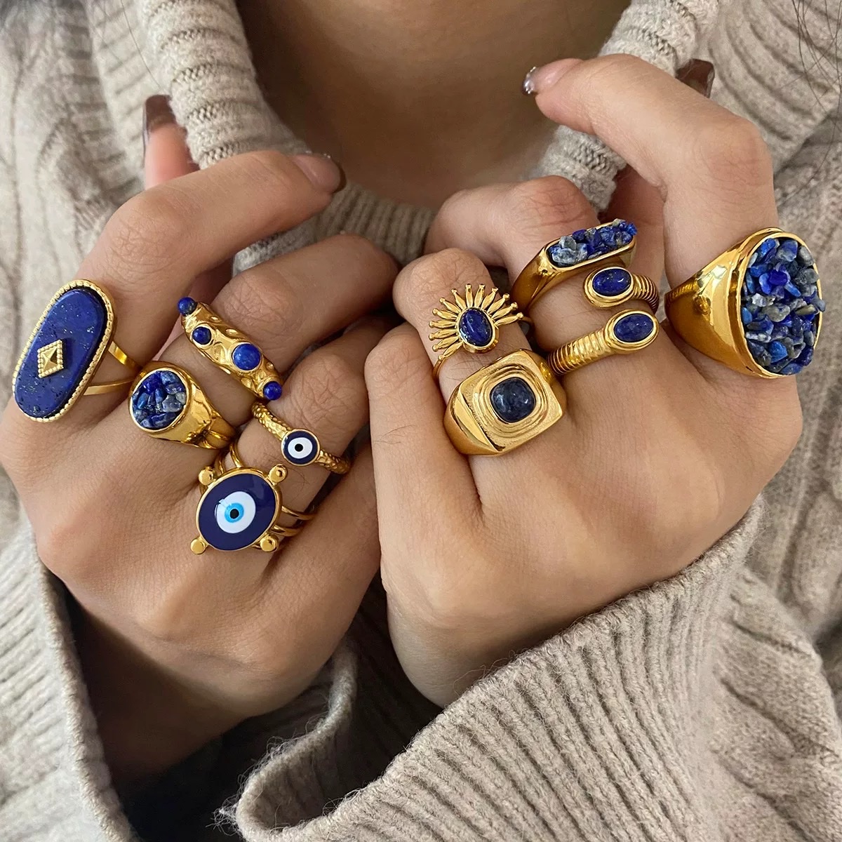 欧美不锈钢天然石戒指高级感小众指环钛钢手饰品跨境rings