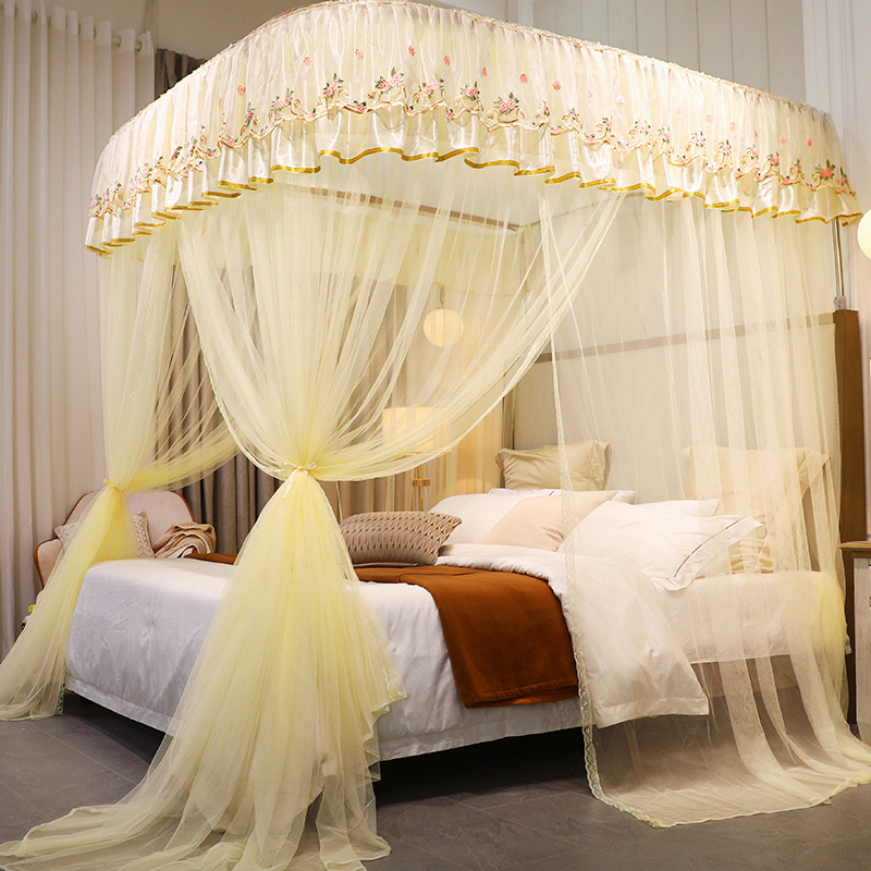 三开门导轨绣花蕾丝宫廷落地超柔防尘防蚊方形支架蚊帐