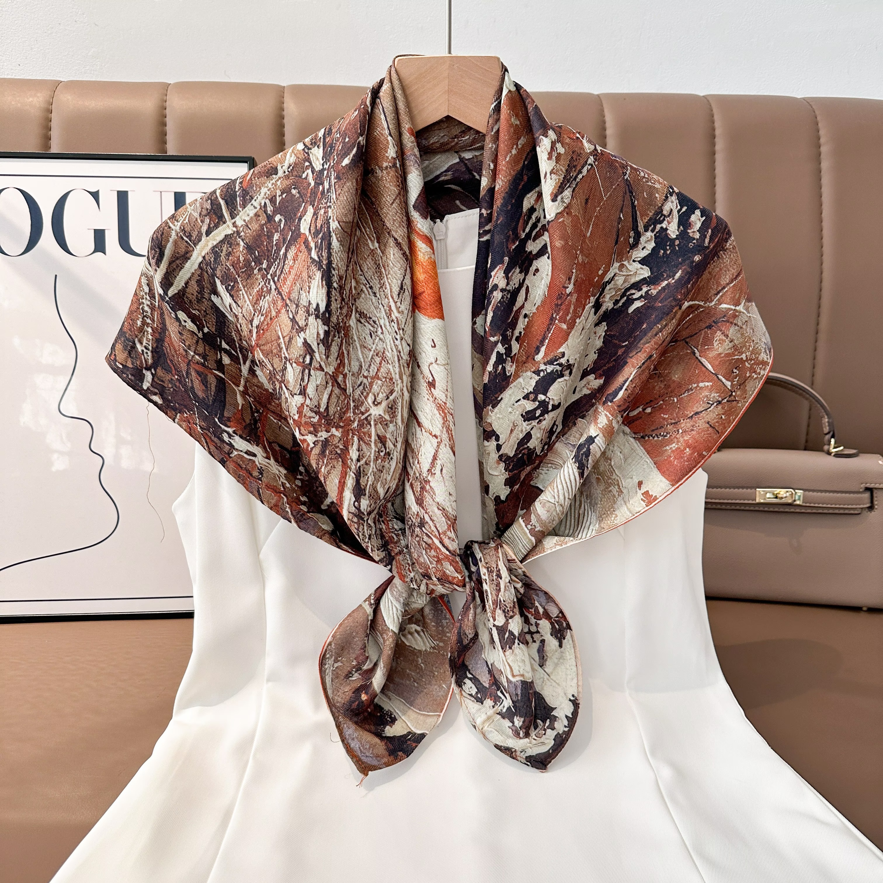 New retro silk oil painting silk and wool square scarf, fashionable and simple commuting silk and wool square scarf, soft and easy to match square scarf shawl