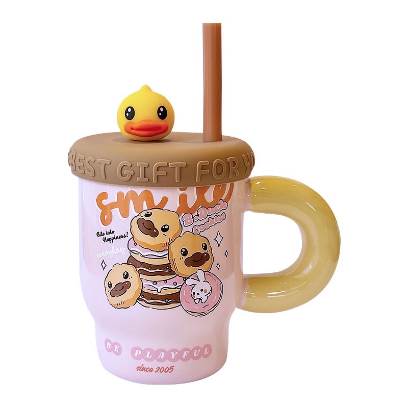 Household yellow duck mugs, high appearance level, covered straw ceramic cups, coffee cups, creative water cups, portable cups, ceramic cups Item Picture