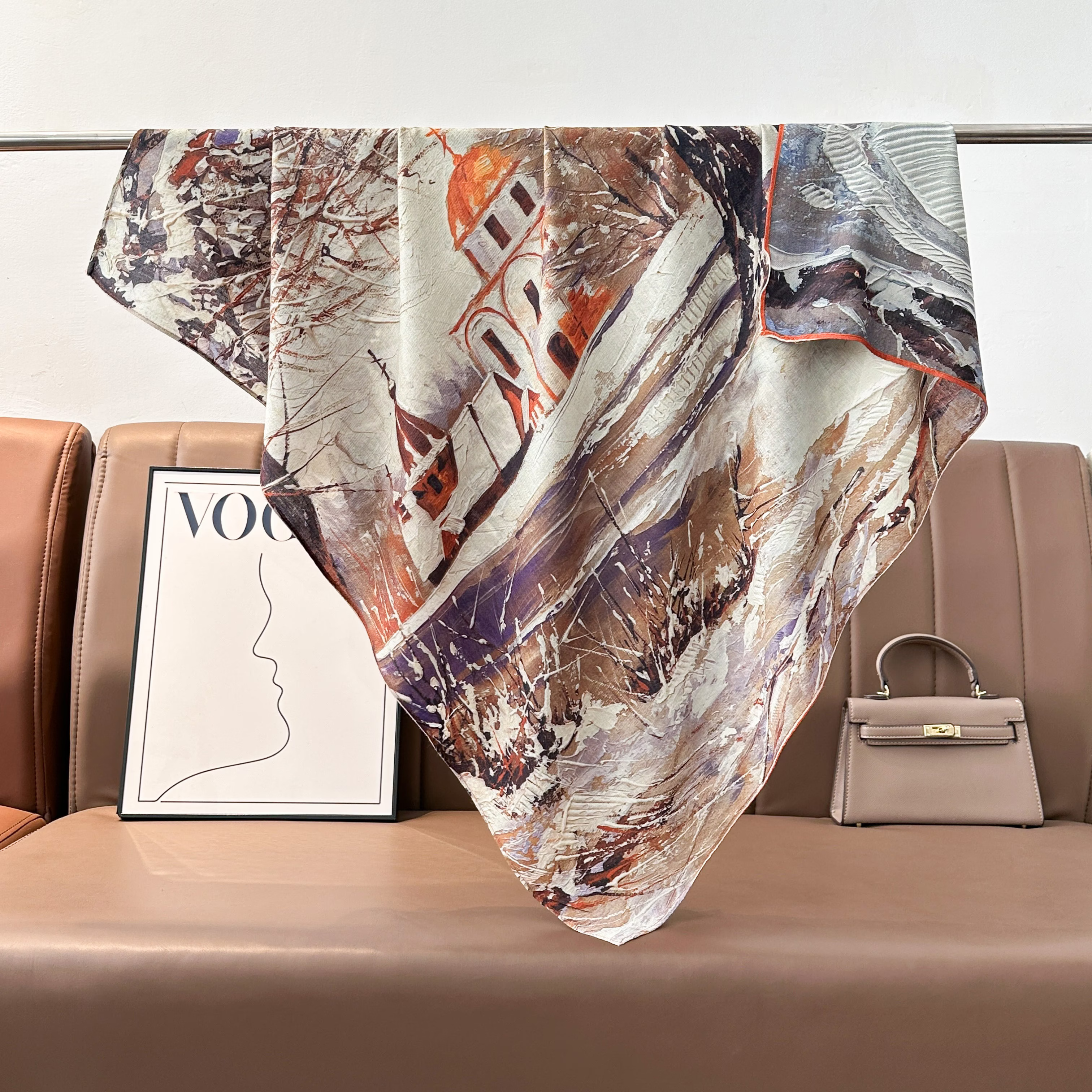 New retro silk oil painting silk and wool square scarf, fashionable and simple commuting silk and wool square scarf, soft and easy to match square scarf shawl Specification image